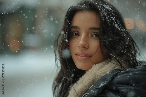 Portrait of beautiful smiling young woman with dark hair standing under snowing .