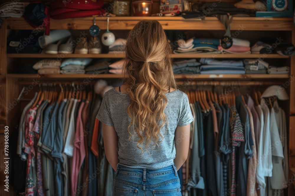 A woman stands contemplatively in front of her open wardrobe, contemplating her fashion choices and the day ahead