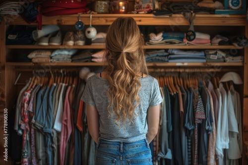A woman stands contemplatively in front of her open wardrobe, contemplating her fashion choices and the day ahead