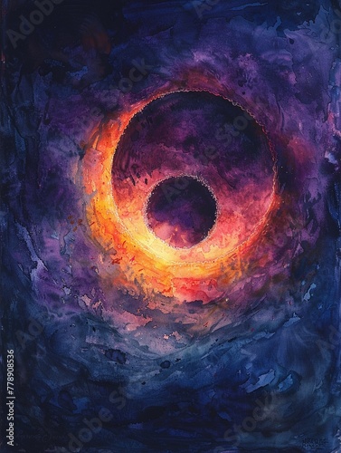Brightly colored watercolor, depicting a solar eclipse, macro shot, with a deep indigo and violet sky, showing detailed light diffraction