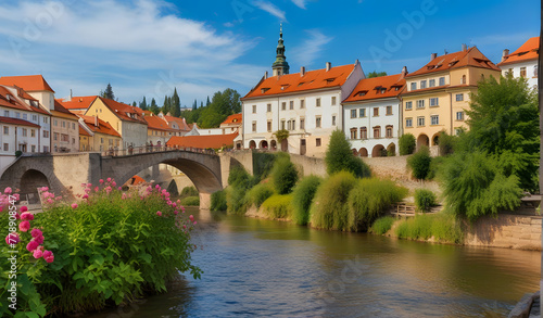 Czech Krumlov, (Cesky Krumlov), Czech Republic. Wooden bridge over river Vltava. Vintage picturesque old town with colorful houses and chapel of church. Rose flowers on bank. Sunny summer day. photo