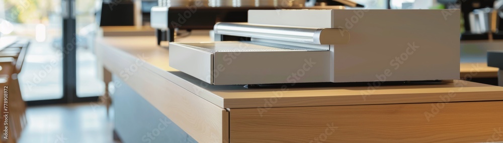 Compact countertop pedestal, spacesaving design, small business counter, product hero low noise Compact countertop pedestal, spacesaving design, small business counter, product hero low noise