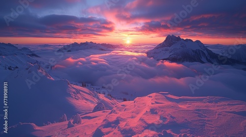  Sunset on mountain range with clouds in foreground and snowy peaks in background