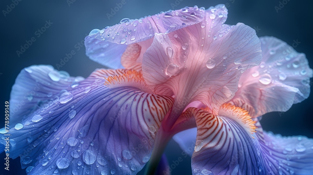 Obraz premium A close-up of a purple flower with droplets of water on its petals against a dark blue background