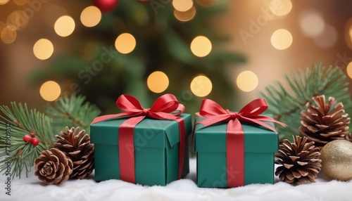 Two green wrapped Christmas gifts tied with red ribbons sit amid snow, pine cones, and a glowing tree backdrop