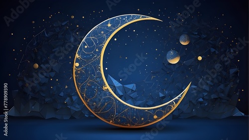 Digital Ramadan moon in an abstract style against a starry night sky. The blue technological crescent is made up of thin lines and linked, illuminating dots. Islamic lunar orbit. Holy Aid. Vector draw