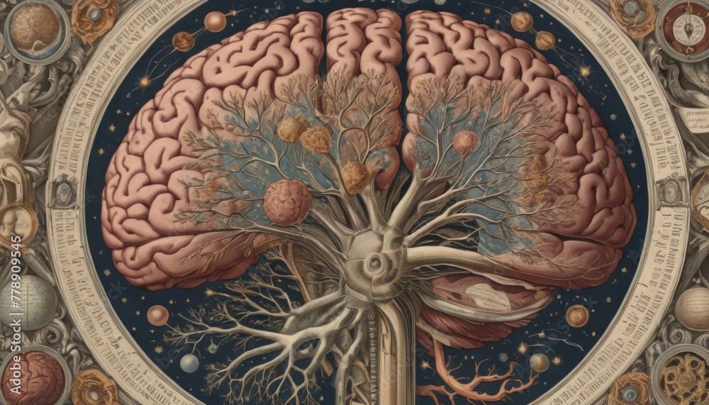 An intricate illustration merging a human brain with a tree, set against an astrological backdrop, symbolizing the interconnection of knowledge, nature, and the cosmos