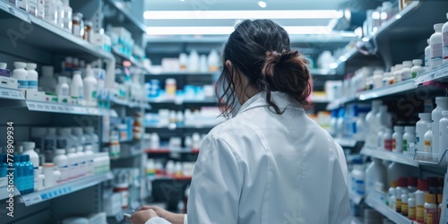 Rear view of a pharmacist at work, surrounded by shelves full of medications. © olga_demina