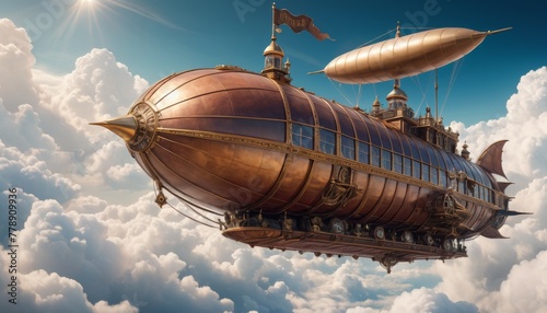 A stunning depiction of a vintage steampunk airship, replete with brass detailing and sails, soaring through a sunny, cloud-filled sky, evoking a sense of adventure and nostalgia
