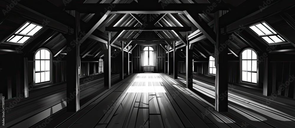 A monochrome photo of an attic with symmetrical windows, showcasing tints and shades of wood. Flash photography highlights the parallel lines, creating a dark and artistic atmosphere