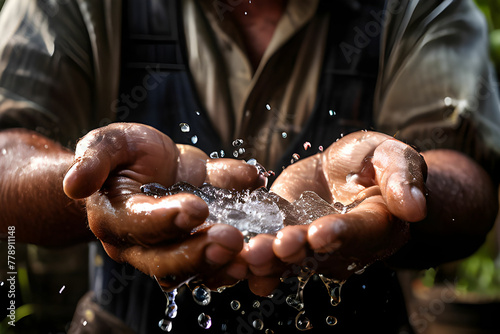 A farmer cupping his hands to catch falling drops of water