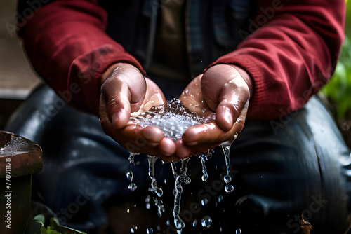 cupping his hands to catch falling drops of water photo