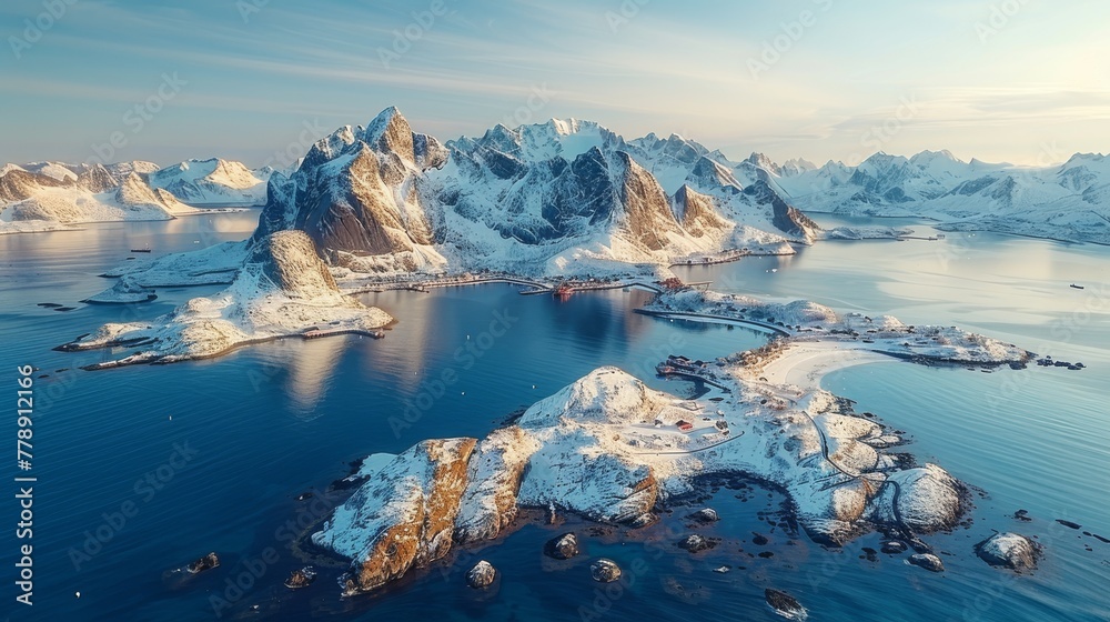 Fototapeta premium An aerial view of a vast expanse of water encircled by snow-capped mountains in the background