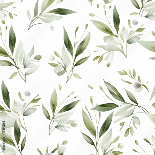 Olive flower petals and leaves on white background seamless watercolor pattern spring floral backdrop 