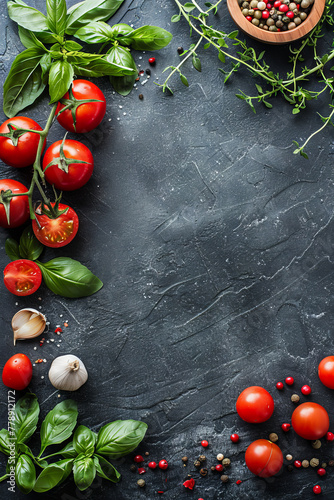 Fresh Tomatoes and Basil on Dark Slate Background