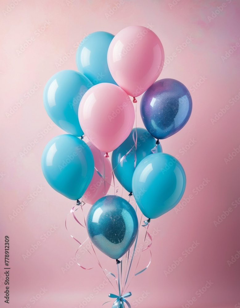 An aesthetically pleasing cluster of pastel-colored balloons floating gently against a soft pink background with a dreamy vibe.