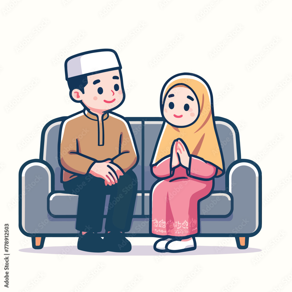 A cartoon of a young Muslim child apologizing to their father A cartoon of a young Muslim child apologizing to their father
