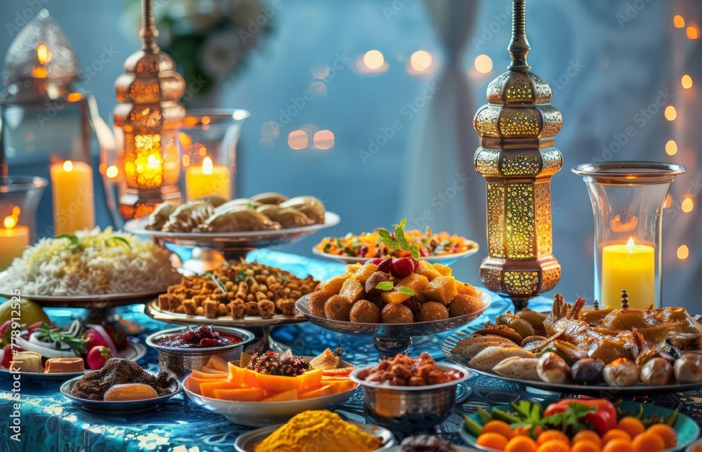 Traditional Iranian halal dishes and desserts for the festive table in Ramadan Karim Iftar.  Ramadan  traditional Iranian desserts concept.