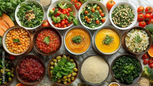  A table with bowls of various veggies and foods arranged beside each other