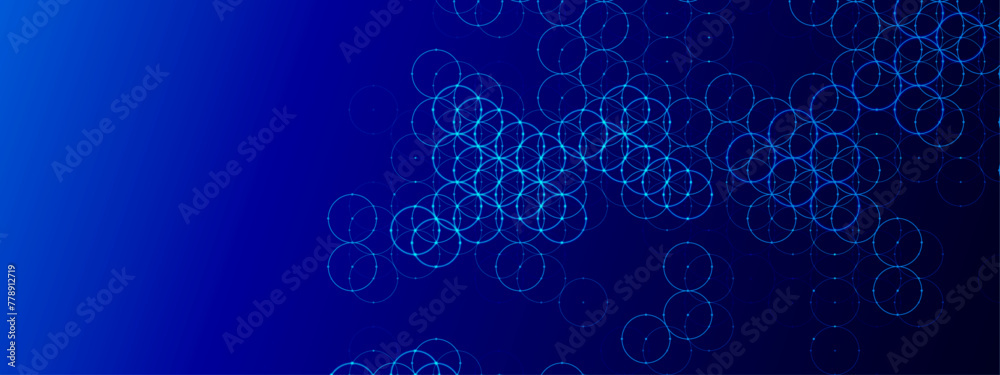 Abstract vector neon blue background of circles. Geometric texture of intersecting balls, dots. Circular ornament. Сhain of cells. Сlose bond. Banner for technology, medicine, presentations, business. Abstract vector neon blue background of circles. Geometric texture of intersecting balls, dots. Circular ornament. Сhain of cells. Сlose bond. Banner for technology, medicine, presentations, business.