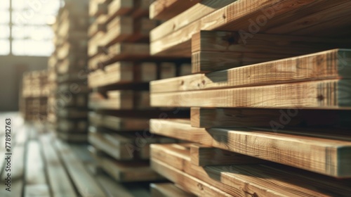 Stack of wooden pallets in warehouse  closeup. Industrial background
