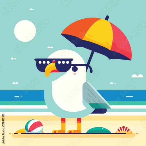 A cartoon of a funny seagull standing on the beach in flat design style