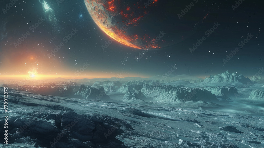 Science Fiction, An alien world with icy terrain and a space colony under a cosmic sky. - obrazy, fototapety, plakaty 