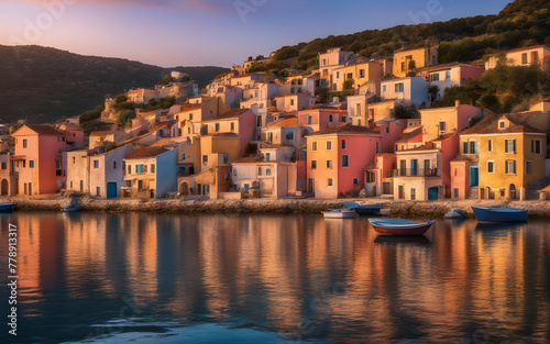 Panoramic view of a picturesque coastal village at sunset, pastel houses reflecting in the calm sea © julien.habis