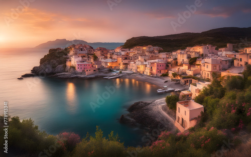 Panoramic view of a picturesque coastal village at sunset, pastel houses reflecting in the calm sea