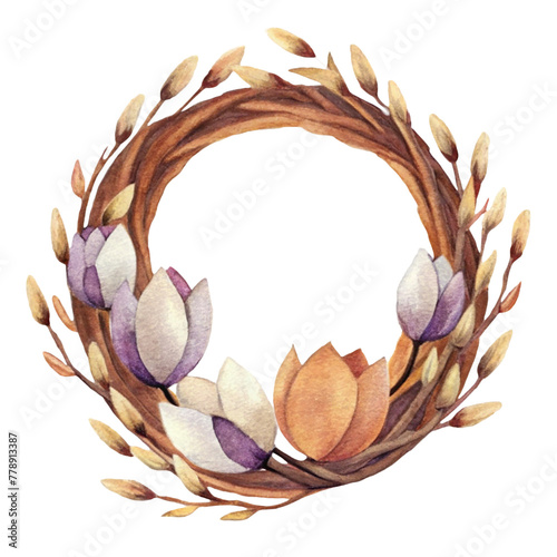 watercolor round text frame made of vines and Easter willow, spring flowers, isolated on white background