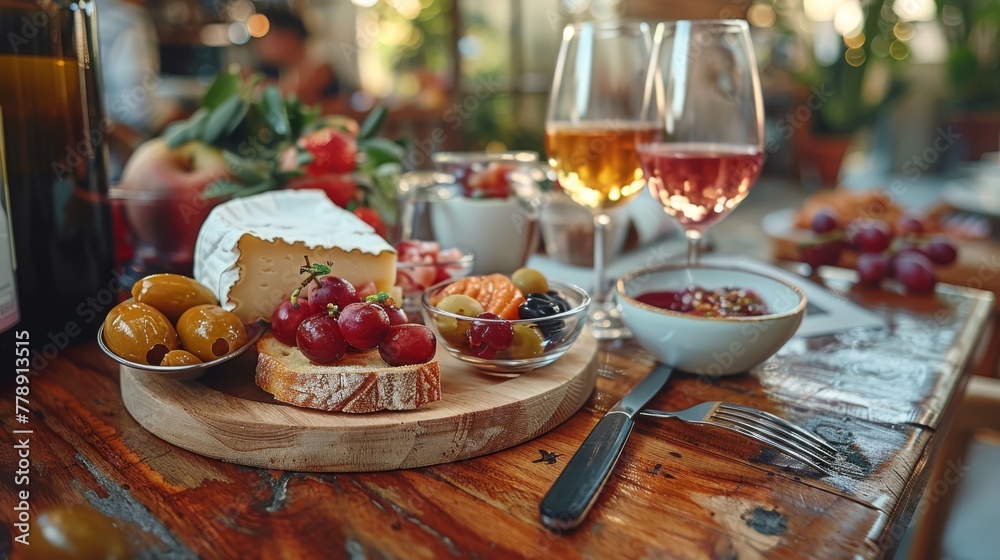   Close-up of a plate of food on a table with a glass of wine and a bottle of wine