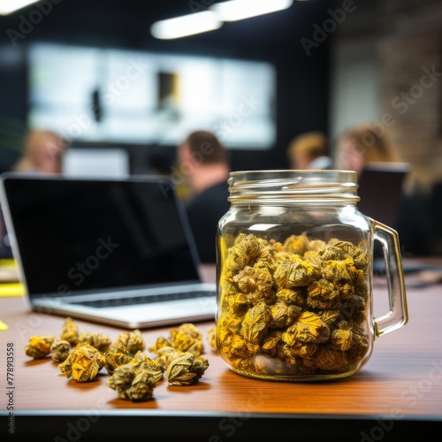 A glass jar filled with green dried cannabis leaves, next to it. Concept: legalization of cannabis, medical or recreational use of marijuana on health and society.
