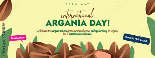 International Argania day. May 10th International Argania day celebration cover banner to promote the benefits of Argan. Awareness cover banner, social media post to protect Argan trees in Morocco. 