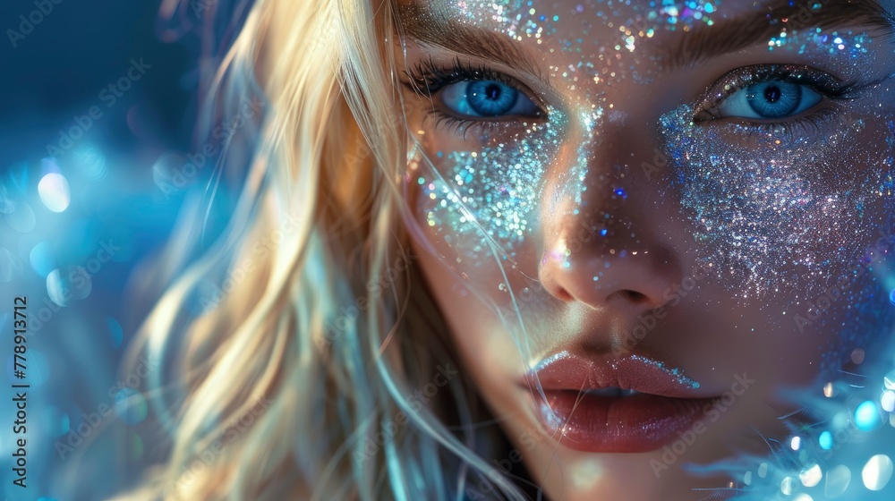 A beautiful blonde model with blue eyes and silver glitter on her face, wearing a futuristic dress made of crystals, close up portrait in the style of Vogue photography, fashion magazine cover A beautiful blonde model with blue eyes and silver glitter on her face, wearing a futuristic dress made of crystals, close up portrait in the style of Vogue photography, fashion magazine cover