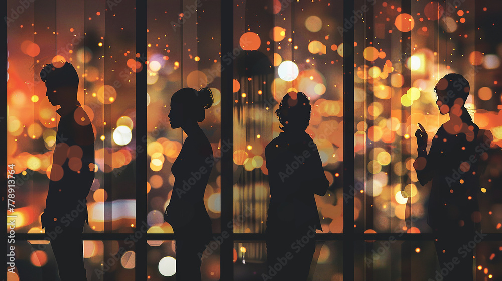 Silhouette of  people at a night party against a colorful city bokeh