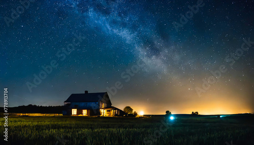 星空に浮かぶ田舎の小さな家