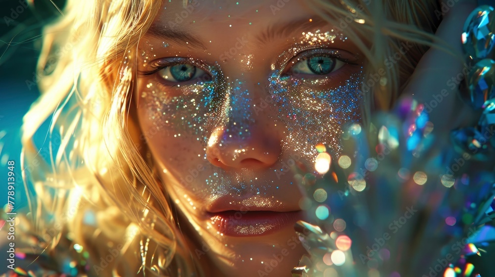 A beautiful blonde model with blue eyes and silver glitter on her face, wearing a futuristic dress made of crystals, close up portrait in the style of Vogue photography A beautiful blonde model with blue eyes and silver glitter on her face, wearing a futuristic dress made of crystals, close up portrait in the style of Vogue photography