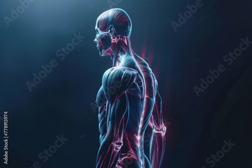Neon-hued visualization of human anatomy with focus on muscular and neural networks.
