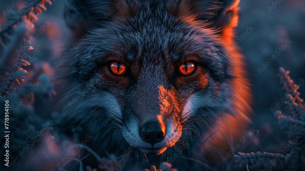 Fototapeta Neon red fox eyes in a nighttime forest, glowing subtly, dark background, photorealistic ,high resulution,clean sharp focus