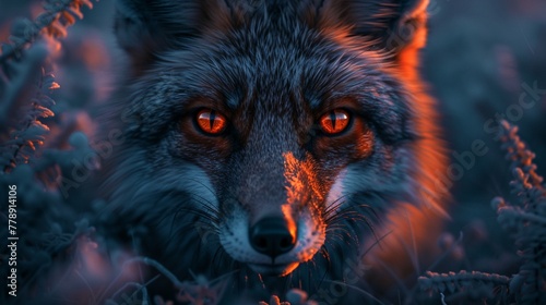 Neon red fox eyes in a nighttime forest, glowing subtly, dark background, photorealistic ,high resulution,clean sharp focus