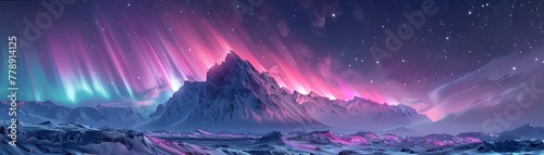 Neon violet aurora over a snowy mountain, unique glowing effects, dark sky, photorealistic ,high resulution,clean sharp focus