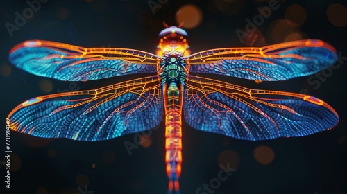 Photorealistic dragonfly with neon glowing wings, hovering in darkness ,high resulution,clean sharp focus