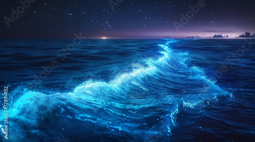 Photorealistic image of a bioluminescent plankton wave, neon glow against the night ocean ,high resulution,clean sharp focus