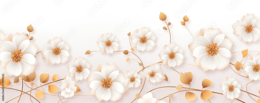 Gold and white daisy pattern, hand draw, simple line, flower floral spring summer background design with copy space for text or photo backdrop 