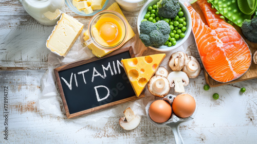 Variety of Foods High in Vitamin D on Rustic Wooden Table