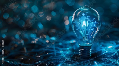AI Sign inside a light bulb on a blue background, a concept of innovation and creativity of Artificial Intelligence