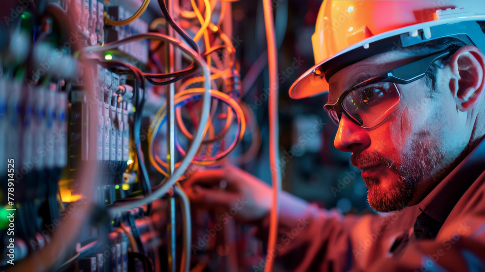 Focused Electrician Working on a Control Panel with Wires and Indicator Lights Focused Electrician Working on a Control Panel with Wires and Indicator Lights