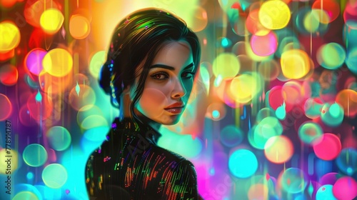 A beautiful woman in a black bodysuit made of rainbow light, a highly detailed illustration, standing against a colorful background in the cyberpunk art style of a poster