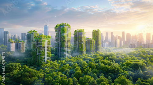 Urban Ecology, Visionary depiction of green urbanism blending nature with architecture.