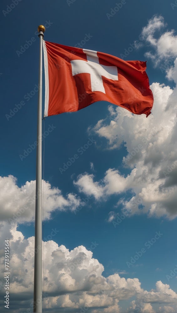 The flag of Switzerland waves majestically in the blue sky. This image has video.